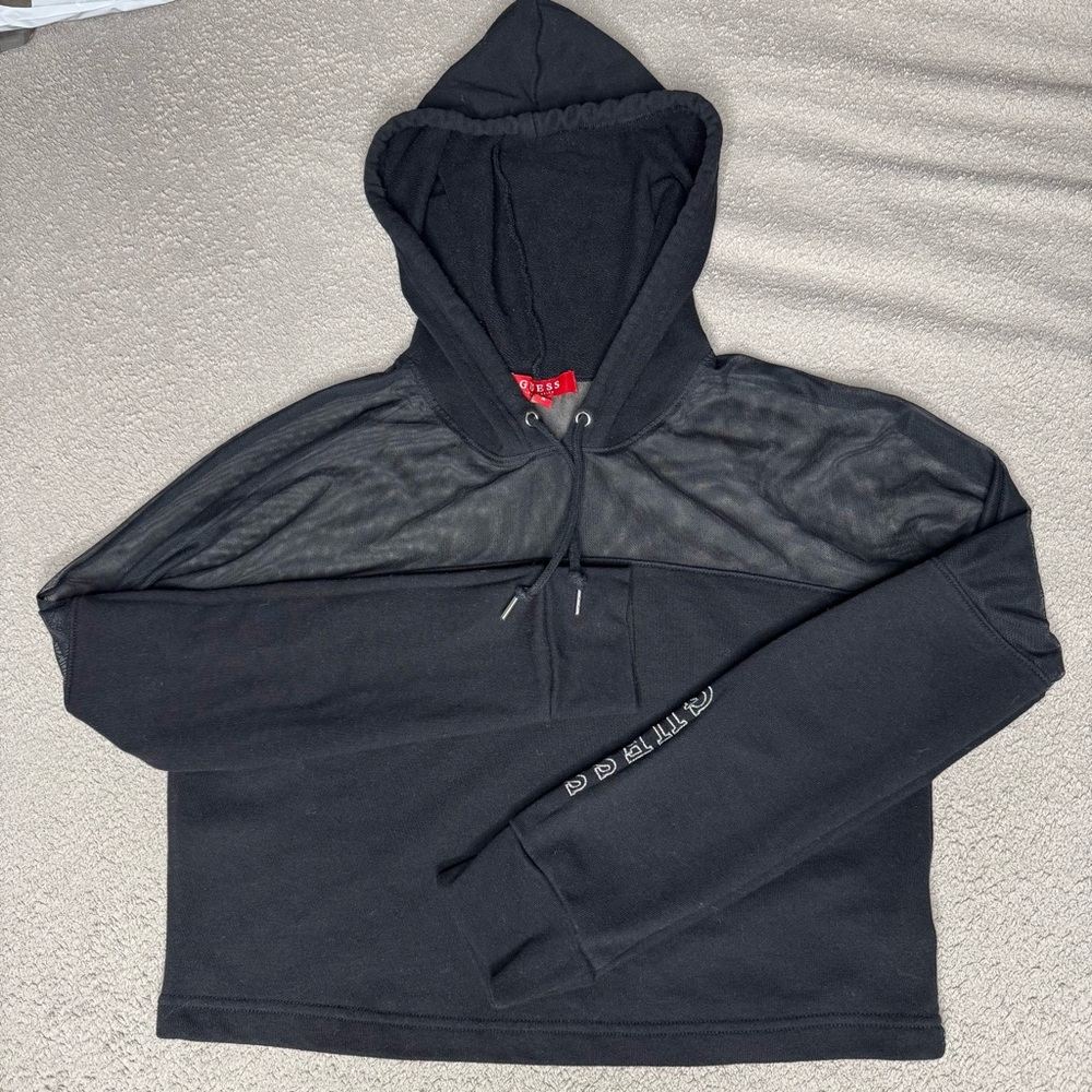 Guess Hoodie Women's Medium Black Sheer Shoulders White Logo Rave Activewear
